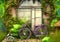 Illustration of a Overgrown Garden with Vintage Bicycle and Old Garden House