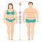 Illustration of overweight man and women in full length with measurement lines of body parameters .