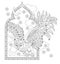 Illustration of owl flying from fairytale window. Black and white page for kids coloring book.