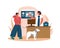 Illustration of owner and doctor look at dogs xray on monitor