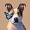 Illustration with a painted look cute brown and white dog with blue butterfly on his face