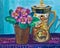 Illustration, painting of an antique coffee pot and Primulas