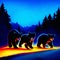 Illustration of a pair of bears walking on the road at night Generative AI