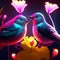 Illustration of a pair of birds and flowers in a neon light Generative AI
