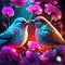 Illustration of a pair of birds kissing on a background of flowers generative AI