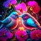 Illustration of a pair of birds in love on a background of flowers Generative AI