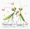 Illustration of pair of green praying mantis with flowers on white background. Watercolor style. Generative AI