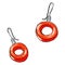 Illustration of a pair of round red earrings isolated on white background. A bright female accessory.