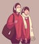 Illustration of pair of young girls walking together in warm winter clothing