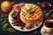 Illustration of pancakes, belgian waffles, sweet toast, donut, cup of tea. AI generatin