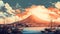 Illustration of a panoramic view of Naples and Mount Vesuvius, Italy