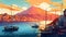 Illustration of a panoramic view of Naples and Mount Vesuvius, Italy