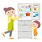 Illustration of a parent and child opening the refrigerator