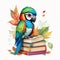 Illustration of an parrot standing on books in watercolor style