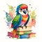 Illustration of an parrot standing on books in watercolor style