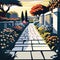 Illustration of a pathway in the middle of a cemetery with flowers generative AI