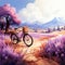 Illustration of Peaceful bicycle resting on a scenic lavender field path with blossoming trees and distant mountains