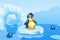 Illustration of a penguin on an arctic vector background with ice floes, icebergs