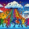 illustration people dancing rainy clouds over a rainbow and musical notes