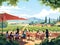 Illustration of people visiting an open air cafe and enjoying the wide and beautiful natural scenery.