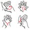Illustration of a person washing hands in four steps, nail, palm, between the fingers and the top