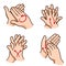 Illustration of a person washing hands in four steps, nail, palm, between the fingers and the top, caucasian