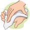 Illustration of a person wiping and wiping his hands with a paper towel or napkin, caucasian