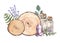 Illustration with pharmacy bottles, healthy herbs and wood on a white background.