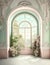 illustration for photographic set of baroque room, digital backdrop, large window texture created with artificial intelligence