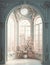 illustration for photographic set of baroque room, digital backdrop, large window texture created with artificial intelligence