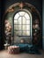 illustration for photographic set of baroque room, digital backdrop, large window texture created with artificial intelligence