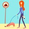 Illustration about picking up your dog`s poop. Red haired girl picked up a dog`s shit and put it into a doggie bag. vector