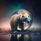 illustration picture of planet hologram with polar bear on ocean ice.