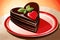 Illustration of a piece of chocolate cake with a heart on top, sweet valentines dessert, chocolate pastry, generative ai