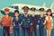 Illustration of The pilots and crew of a modern airliner smile for a group photo, exuding confidence and professionalism