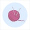 Illustration of a pink ball of thread with knitting needles. Knitting vector icon on blue circle background