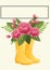 Illustration of pink flowers in yellow wellington boots, frame with copy space on cream background