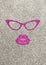 Illustration of pink lips and glasses on silver glittery background.