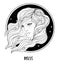 Illustration of Pisces astrological sign as a beautiful girl. Zodiac vector drawing isolated in black and white. Future telling,