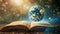 illustration of a planet earth floating over an opened book, symbol for the knowledge of the world