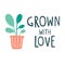 Illustration with plant growing in pot and text lettering `Grown with love`