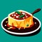 Illustration of a plate of lasagna on a green background. Generative AI