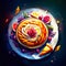Illustration of a plate of pancakes with berries and cream on a dark background AI generated