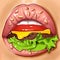 Illustration of plump beautiful juicy lips with teeth in the form of a burger with tomato, cheese, lettuce, sesame and cutlet