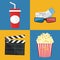 Illustration. Popcorn and drink. Film strip border. Cinem