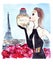 Illustration portrait of female fashion with spirits in hands on the background of Eiffel Tower in Paris