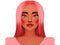Illustration portrait of glamorous woman with modern makeup and pink hair. Stylish model, cartoon drawing. Face with bright