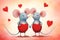 Illustration portraying affectionate mice surrounded by red hearts, Valentines Day