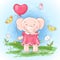 Illustration postcard cute baby elephant with a balloon, flowers and butterflies. Print on clothes and children`s room