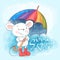 Illustration postcard cute cartoon mouse with umbrella